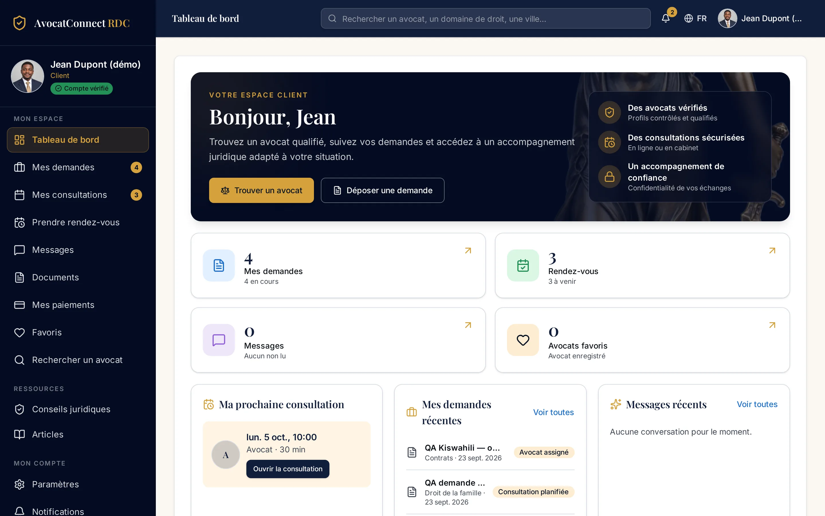Capture réelle de l'espace client AvocatConnect RDC (compte de démonstration)
