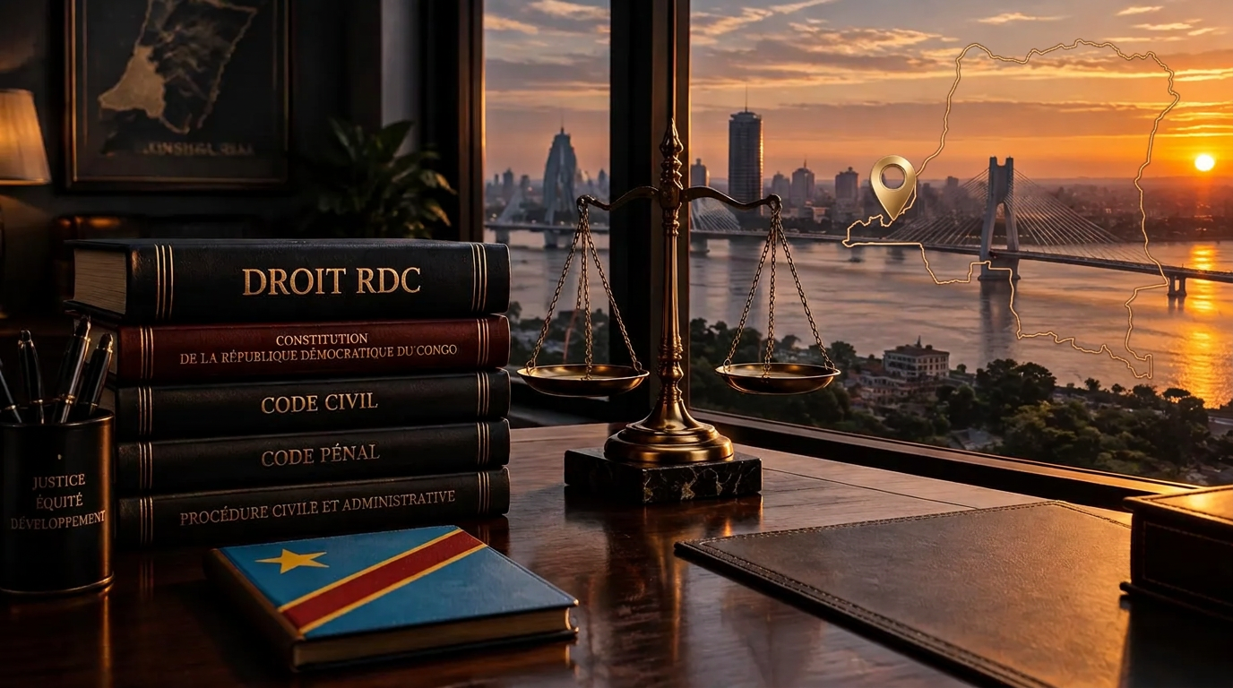 Balance de la justice et livres de droit congolais devant Kinshasa au coucher du soleil
